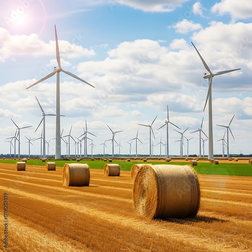 A vast field of golden hay bales stretches out beneath a vibrant sky dotted with numerous wind turbines, symbolizing renewable energy and sustainable agriculture.
