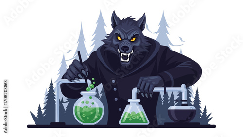 Mysterious Experiment: A shadowy werewolf, engrossed in a clandestine alchemical experiment, brews a bubbling green potion within a forest setting, hinting at secrets and transformation.