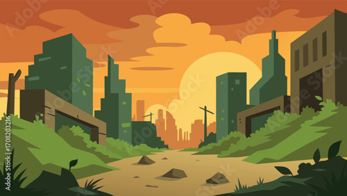 Post apocalyptic cityscape vector illustration crumbling buildings scalable eps urban decay