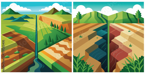 Comparison of two adjacent agricultural fields showing different soil types and crop health Vector art design