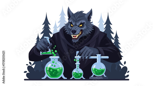 Werewolf Scientist: An animated werewolf wearing a lab coat meticulously mixing bubbling concoctions in a stylized laboratory, showcasing an exciting blend of fantasy and scientific pursuit.