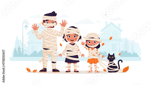 Halloween Family Fun: A spirited family, creatively costumed as mummies, exudes playful charm against a backdrop of autumnal whimsy. capturing the warmth of togetherness, creating lasting memories.