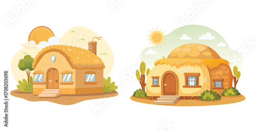 Cozy straw bale house nestled in a rural or natural setting Vector art design