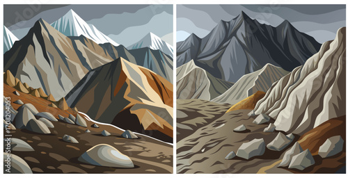 Himalayan mountain soil on a steep slope showing rocky texture and scattered vegetation Vector art design