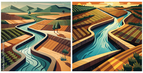 Irrigation channels carrying water through fertile agricultural fields Vector art design