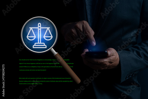 Businessman uses smartphone for consulting with attorney. Online lawyer advice business. Attorney, business, finance, intellectual property. Laws, justice, protection and regulations.