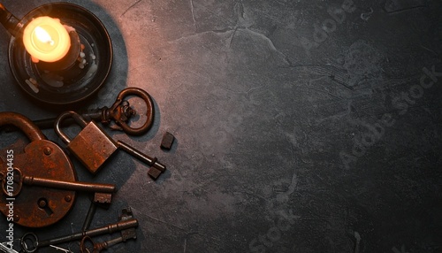 Moody still lifes with antique keys, rusty locks, and mysterious boxes on dark textured backgrounds. Symbolic imagery connected with secrets, mysteries, and hidden knowledge. Perfect for storytelling,