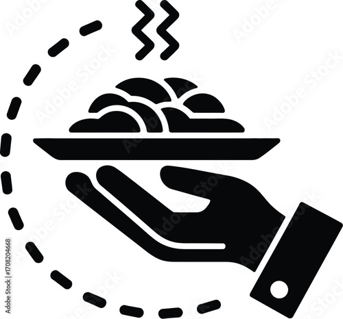 Hand serving a steaming plate of food, representing delivery or catering services