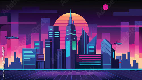Retro futuristic city skyline with flying cars and neon lights vector illustration