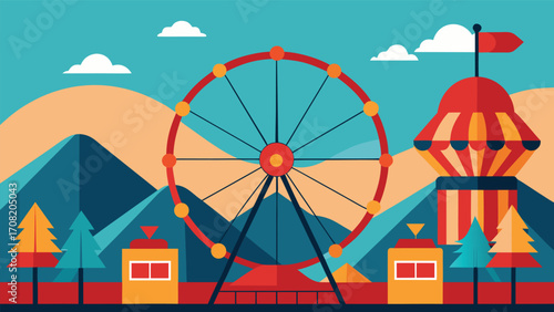 Retro amusement park ferris wheel vintage rides carnival scene vector illustration