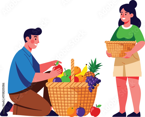 Fruit basket, healthy food, fresh harvest, people gathering, tropical fruits, teamwork, nutrition, organic produce, apples, bananas, grapes, pineapples, oranges, plums, summer vibes, outdoor market, 