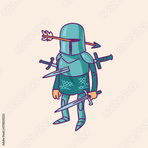 A battered and wounded cartoon knight endures multiple sword and arrow strikes, a humorous depiction of overwhelming odds and persistence