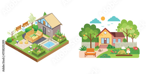 Serene courtyard homes arranged around a central garden with lush landscaping Vector art design