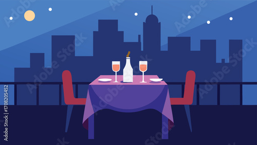 Romantic evening city balcony dinner for two vector illustration