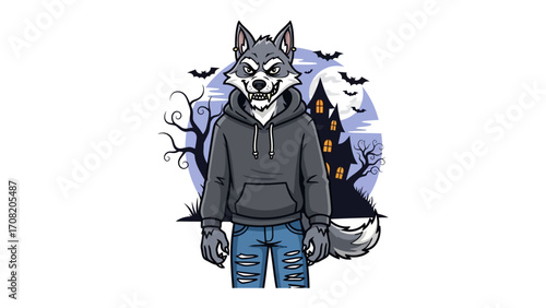 Halloween Wolf with Dark Expression: An anthropomorphic wolf wearing a casual hoodie and torn jeans stands against a backdrop of a haunted house under a full moon with bats.