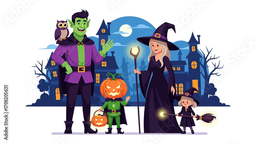 Halloween Family: A family dressed in festive costumes poses in front of a spooky castle, celebrating Halloween.