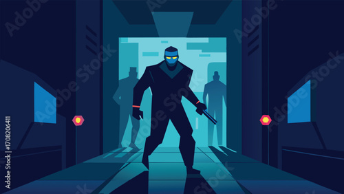 Stealthy secret agent infiltrating futuristic enemy base with glowing blue interior