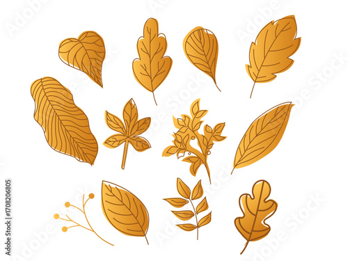 golden icon set of leaves in autumn. Vector art with overlapping golden color and line art of leaves vector icon set