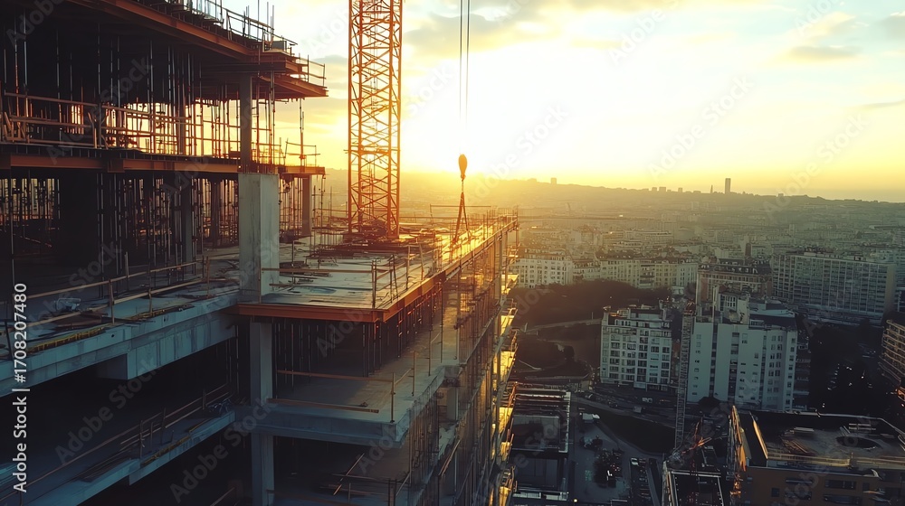 Fototapeta premium A breathtaking ultra HD view of a high-rise construction site featuring visible elevator shafts against a vibrant city backdrop.