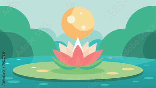 Serene vector illustration of a pink lotus flower floating on water with gentle sun rays