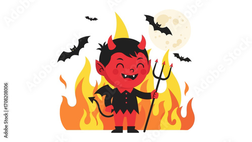 Cute Devil in Hell: A cute, cartoon devil stands triumphantly, pitchfork in hand, as flames engulf him. Bats flit in the background under a full moon. A whimsical illustration for Halloween.