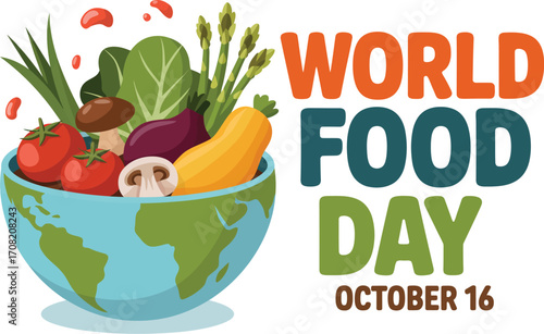 Vibrant celebration of World Food Day with fresh produce overflowing from a globe.