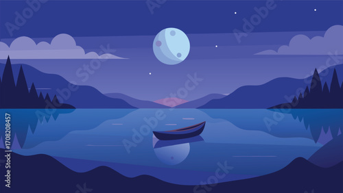 Serene twilight lake scene with lone rowboat under a luminous moon vector illustration