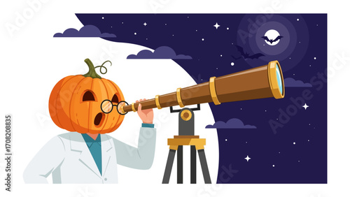 Pumpkin Astronomer Gazing Through a Telescope: A whimsical, pumpkin-headed figure gazes in awe through a vintage telescope, observing the night sky.