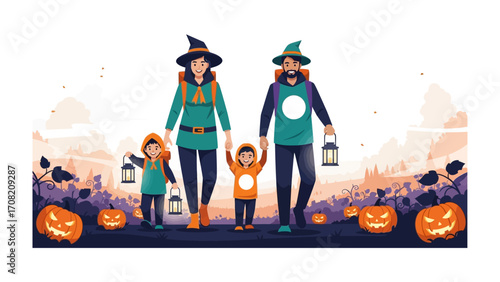 Halloween Family Adventure: An illustrative depiction of a family dressed in Halloween costumes, happily walking through a pumpkin-filled landscape, lantern in hand.