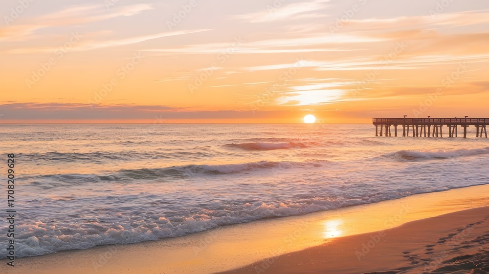 Naklejka premium Sunrise Over Ocean with Pier and Footprints