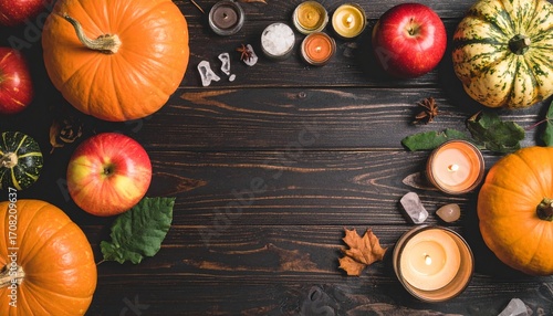 Mystical autumn altars decorated with seasonal offerings – pumpkins, apples, dried herbs, nuts, candles, and crystals. Dark and moody visuals perfect for esoteric, pagan, and seasonal ritual concepts.