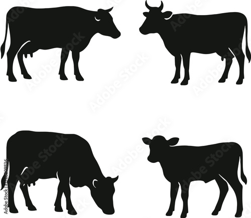 Silhouette of farm animals including cow pig sheep horse and chicken in vector style