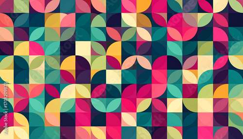 Colorful geometric leaf pattern, abstract modern design with overlapping shapes, vibrant gradient colors, seamless background for infographic, creative and energetic visual style