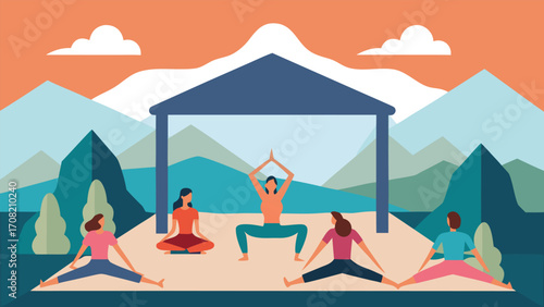 Serene open air yoga class illustration in pavilion mountains nature activity