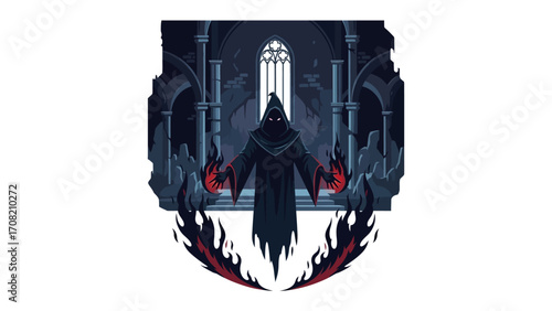 Mysterious Silhouette in the Gothic Hall: A shrouded figure materializes within a foreboding gothic hall, its fiery hands ablaze with an aura of both power and dread.