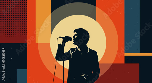 An expressive singer captivates the audience with a dynamic performance. This bold retro-style image embodies the energy and passion of a live concert, perfect for music promotions and creative projec
