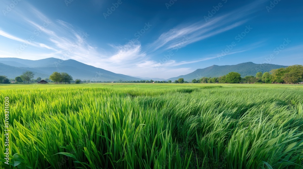 Naklejka premium Vibrant Green Meadow Landscape with Blue Sky and Distant Mountains, Peaceful Nature Scene