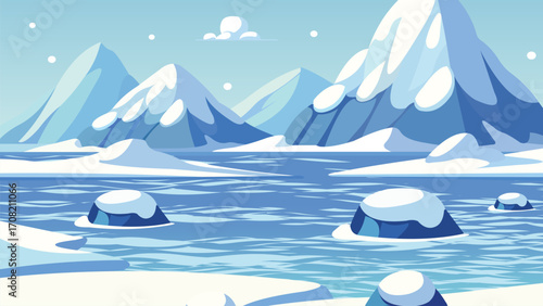 Flat Vector Illustration of Snowy Arctic Mountains and Frozen Sea. 