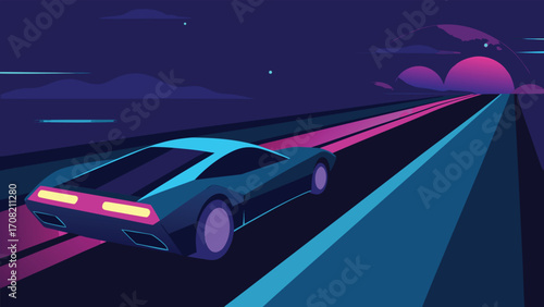 Sleek futuristic car speeding down a neon-lit highway vector illustration