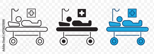 Hospital bed icon set. emergency icu patient bed vector symbol. treatment stretcher line pictogram. suitable for mobile app, and website UI design.