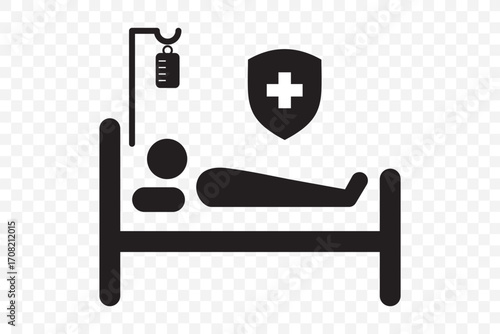 Hospital icon, black isolated icon with medical cross and person in bed symbols color editable