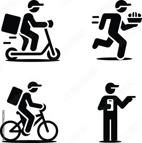 Mobile Delivery Worker Icons – Scooter, Bicycle, Walking & App Courier Vectors