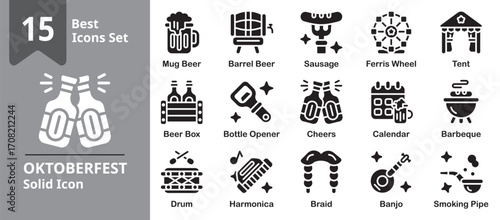 Oktoberfest Icon set. Including beer mugs, pretzels, sausages, traditional and more. Solid vector icons collection.