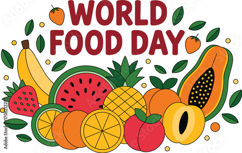Vibrant assortment of fresh fruits celebrating World Food Day with leaves and seeds