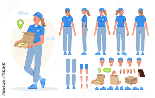 Female delivery person holding pizza box. Character constructor for animation. Front, side and back view set. Body parts, postures, poses collection. Vector illustration.