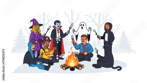 Halloween Gathering by Fire: A whimsical illustration captures a diverse group of costumed individuals gathered around a crackling campfire, creating a scene of festive joy and community spirit.