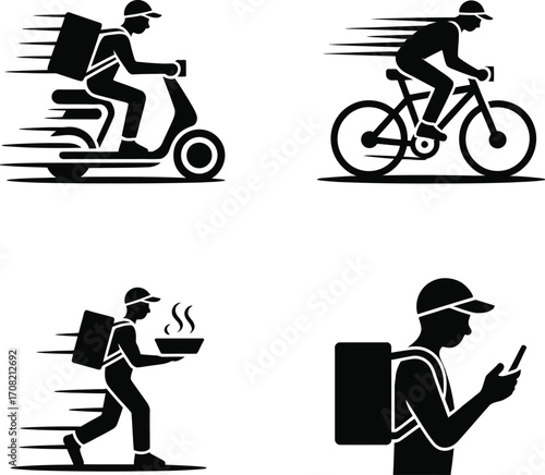 Last Mile Delivery Icons – Scooter, Bicycle, Walking & Mobile Courier Set