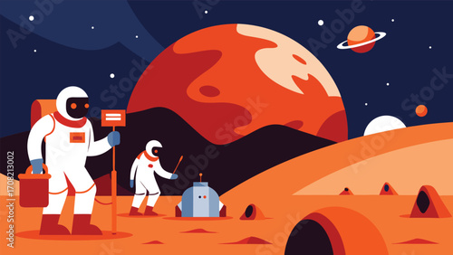 Astronauts explore mars landscape with rocket and distant planets in outer space