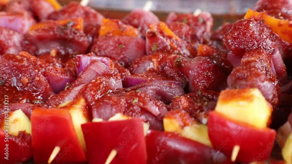 Brocheta de carne y vegetales asándose en parrilla