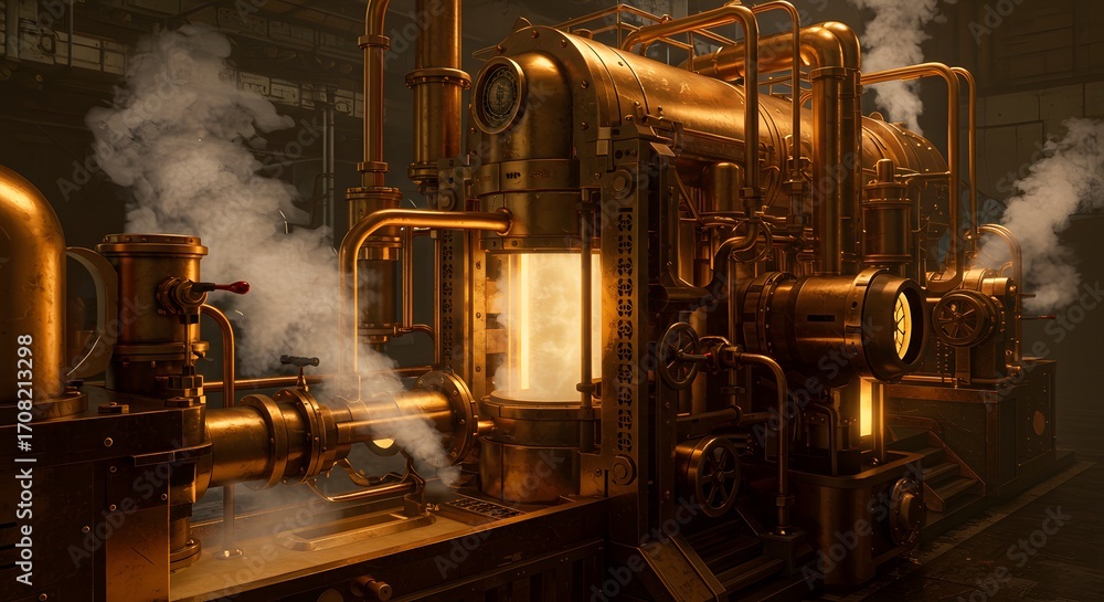 Fototapeta premium Intricate retro-futuristic steam-powered generator, a complex industrial machine glowing with internal energy